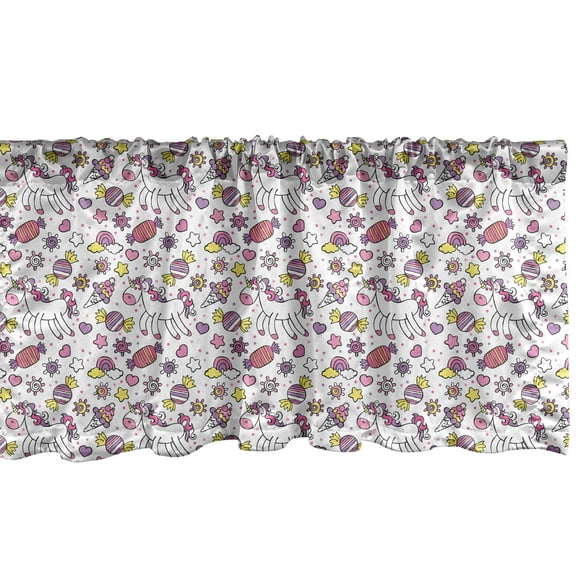 Ambesonne Unicorn Window Valance, Unicorn Candies Stars, 54" X 18", Yellow Lilac Pink