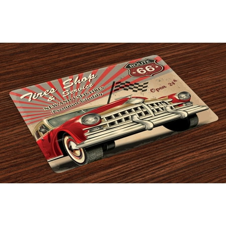 Cars Placemats Set of 4 Tires Shop and Service Route 66 Emblem Advertisement Retro Style Poster Print, Washable Fabric Place Mats for Dining Room Kitchen Table Decor,Red Grey Sepia, by (Best Places On Route 66)