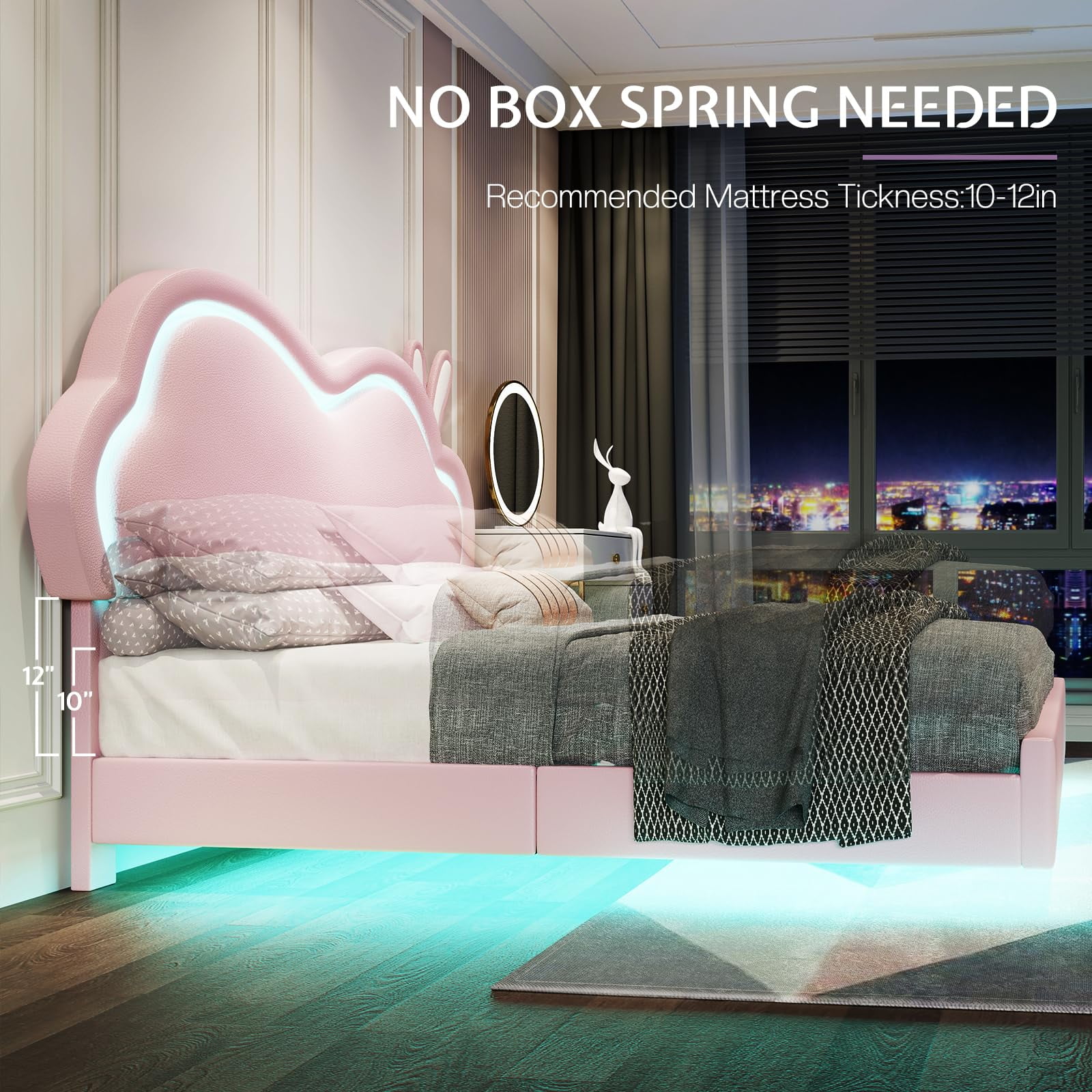 Merluxy Floating Full Bed Frame with Adjustable LED Headboard, Leather Upholstered Platform Bed Frame with Wood Slats Support, Easy Assembly, Pink