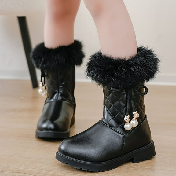 Hpapadks Girls Snow Boots Fall and Winter Snow Shoes Platform Soles Non Slip Warm Comfort Solid Color Bow Side Zip Shoes Winter Boots for Boys Black