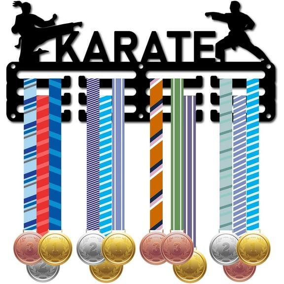 Karate Medal Holder Sports Medal Hanger Display Race Competition Victory Awards Ribbon Organizer Small Black Metal Rack Frame Runner 11.4 x 5.1Inch