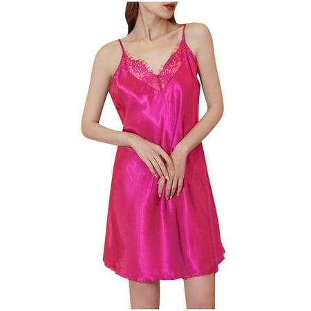 BRGZLK Sleepwear Sexy Lingerie Nightgown Lace Chemise Satin Slip Silk Negligee Nightie Bridal Babydoll for Women Hot Pink L