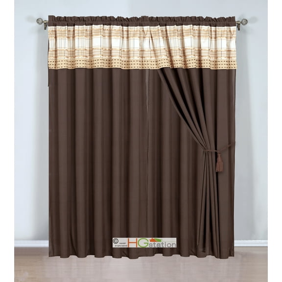 4-Pc Plaid Striped Embroidery Curtain Set Valance Drape Sheer Liner Beige Champagne Gold Taupe