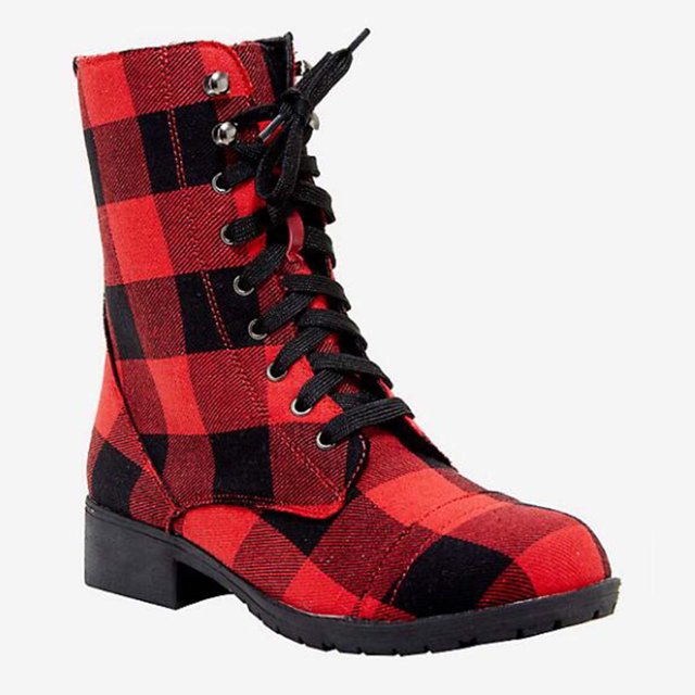 Herrnalise Autumn Winter Black Red Plaid Round Head Middle Heel Middle