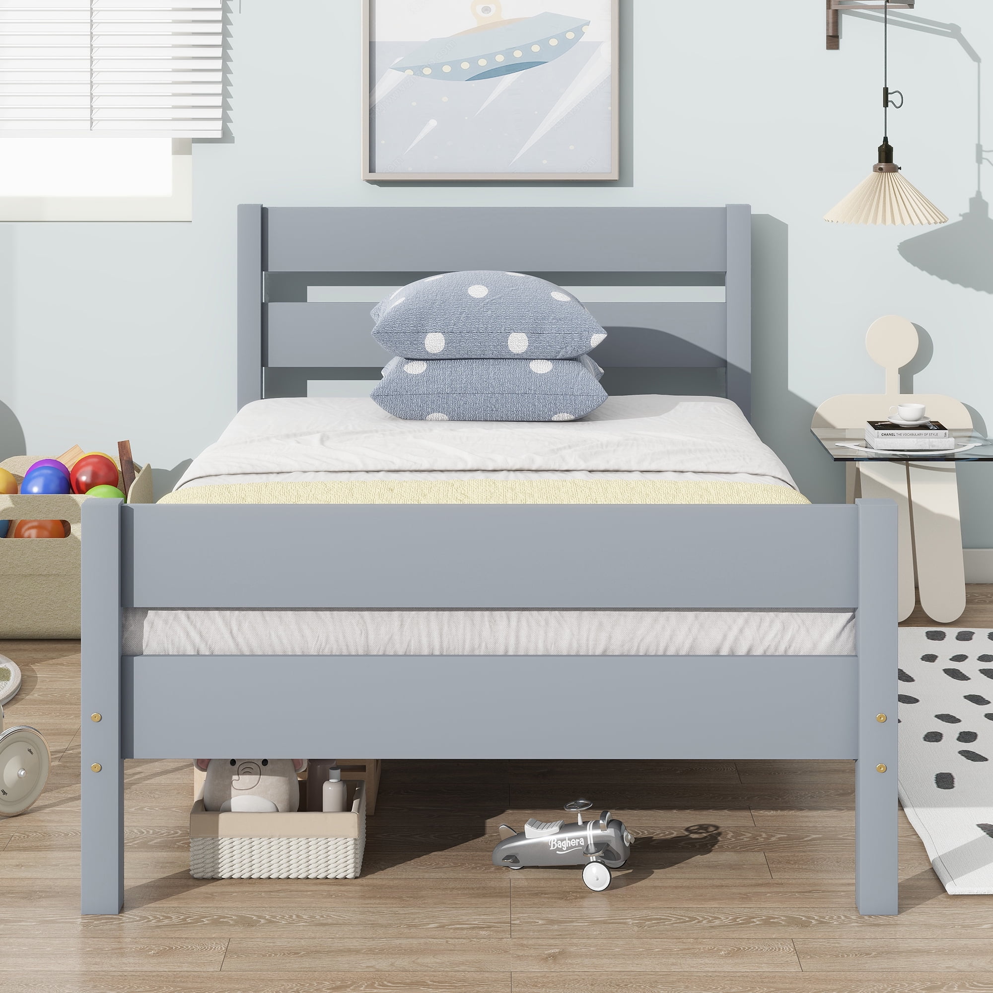 Rubber Wood Twin Platform Bed with Solid Headboard & Footboard, 10 Plywood Slats Underbed Storage Design Holds 250LBS Fits ≤6 Inch Mattress No Box Spring Needed
