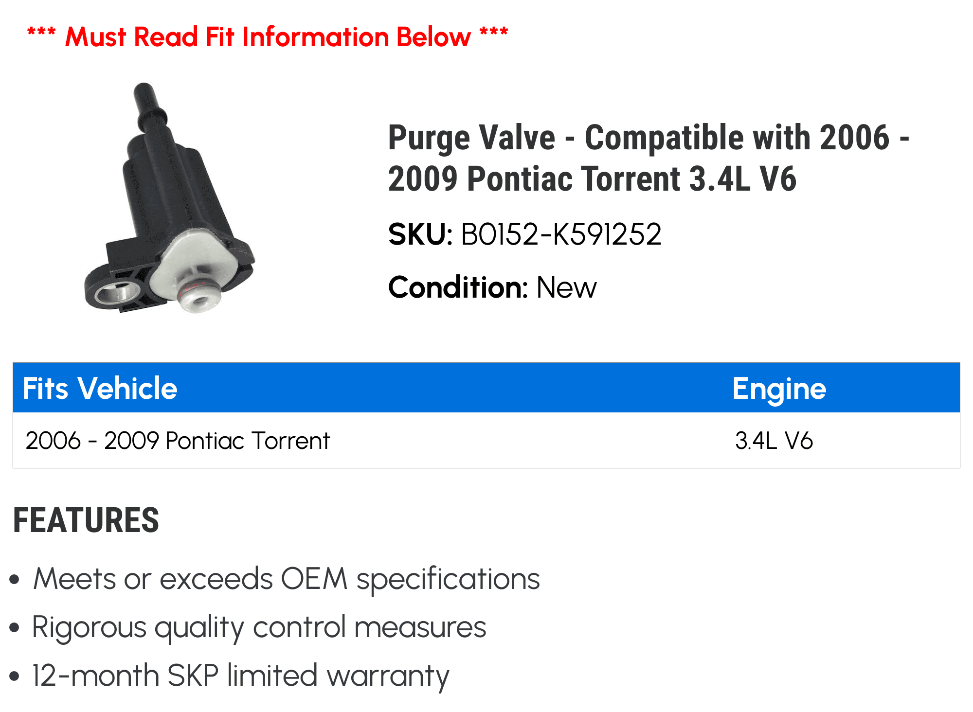 Purge Valve - Compatible with 2006 - 2009 Pontiac Torrent 3.4L V6 2007 2008