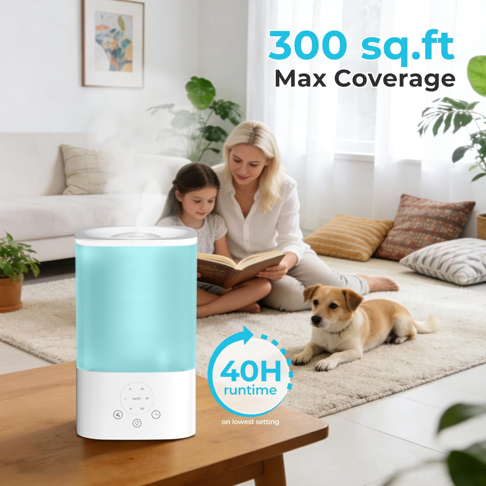 Auseo 3.2L Cool Mist Humidifier, Top fill Humidifier, 7 Color LED Light, 360°Nozzle & Quite Ultrasonic Humidifier, 40H Runtime, Tap to Operate