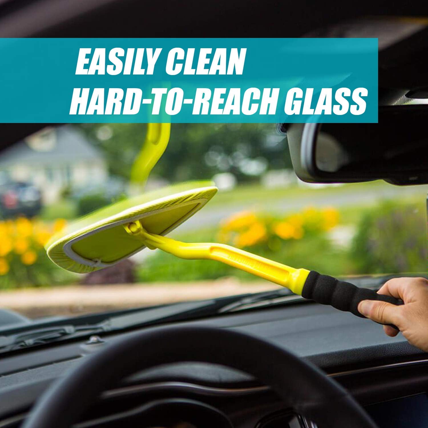 Unique Car Pivoting Triangular Head Window Glass Cleaner with Long-Reach Handle Car & Home Inside Interior Exterior Use AD AIDO Windshield Cleaner 1 Reusable Microfiber Pads 