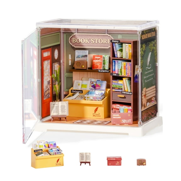 ROBOTIME Mini Dollhouse Kit Super Creator Plastic DIY Miniature House Building Set,Tiny Home Craft Kits Gifts for Teens Adults(Memory Book Store)