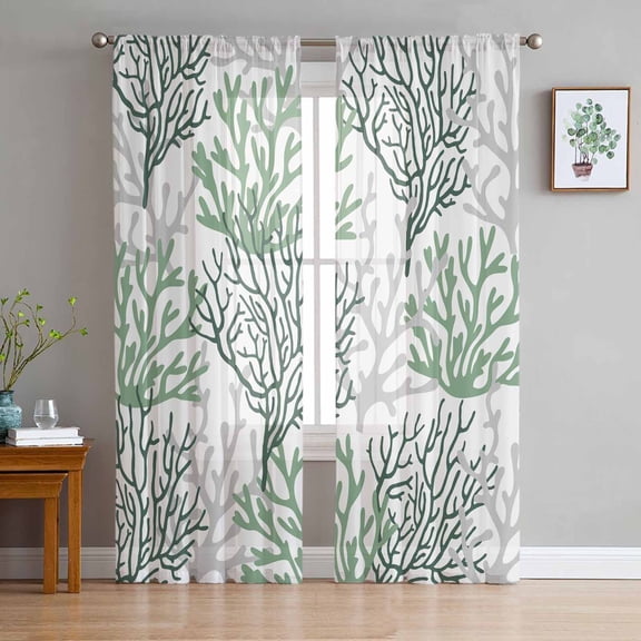 Sage Green Gray Coral Coastal Sheer Curtains 84 Inches Long 2 Panels Set, Window Sheer Curtains for Living Room/Bedroom, Summer Beach Seaside Nautical Light Filter Rod Pocket Curtain 52'' x 84'' x 2