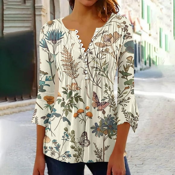 Walmart Prime Day Deals Womens Summer Tops with Sleeves White Lace Long Sleeve Top Button Down V Neck 3/4 Sleeve Blouses Tops Floral Print Blouses Graphic Tops Cyber and Monday My Orders Delivery