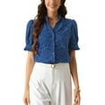 thumbnail image 2 of INSPIRE CHIC Summer Blouses for Women's Dressy Short Sleeve V Neck Button Down Hollow Out Embroidered Shirts S Blue, 2 of 6