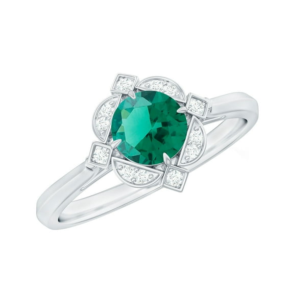 Rosec Jewels Lab Grown Emerald Vintage Inspired Ring with Diamond for Women - AAAA Grade, 925 Sterling Silver, US 4.00