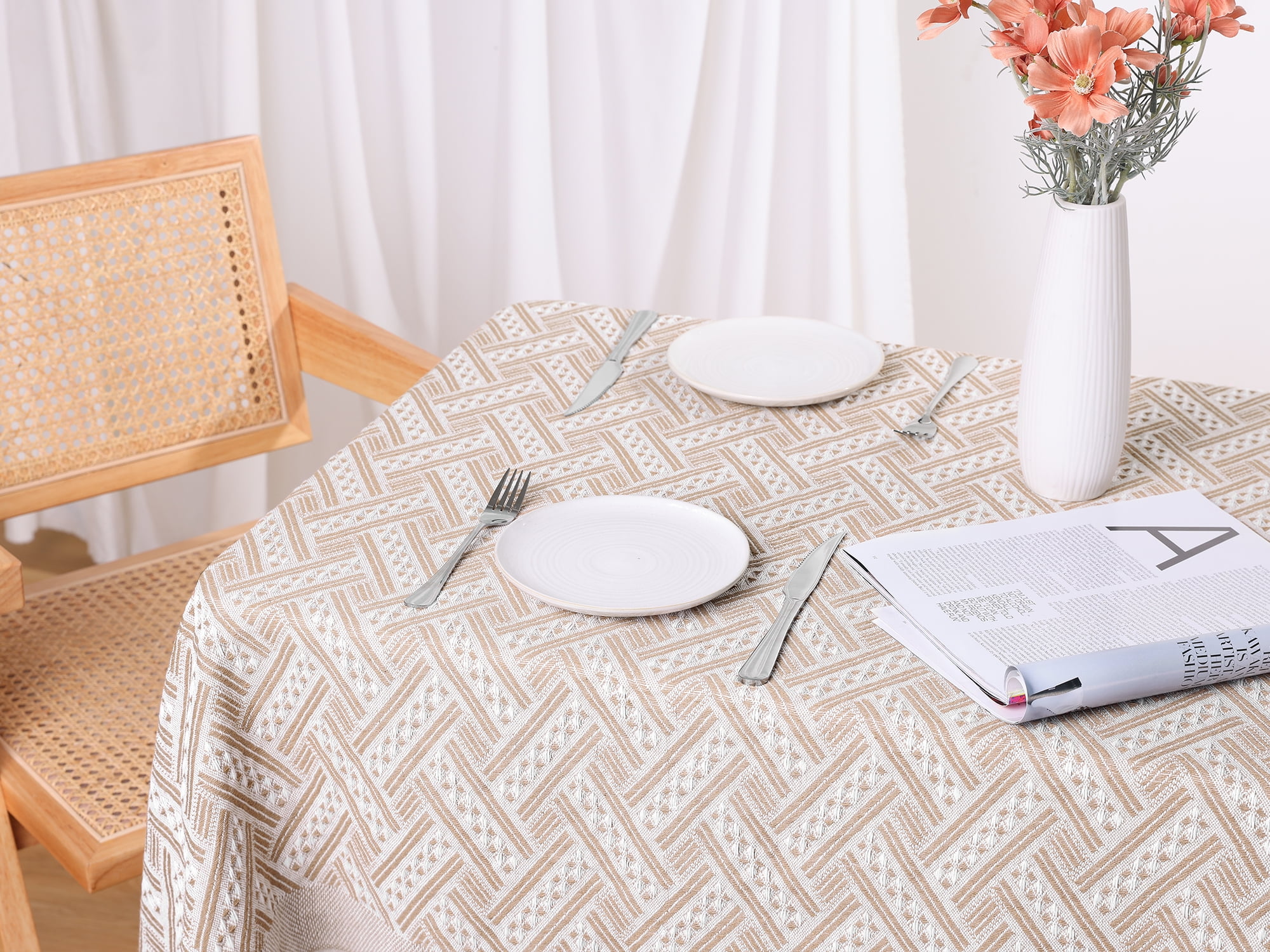 Unique Bargains Rectangle Cotton Linen Table Cover with Tassels for Dining Table Light Coffee 51"x51"