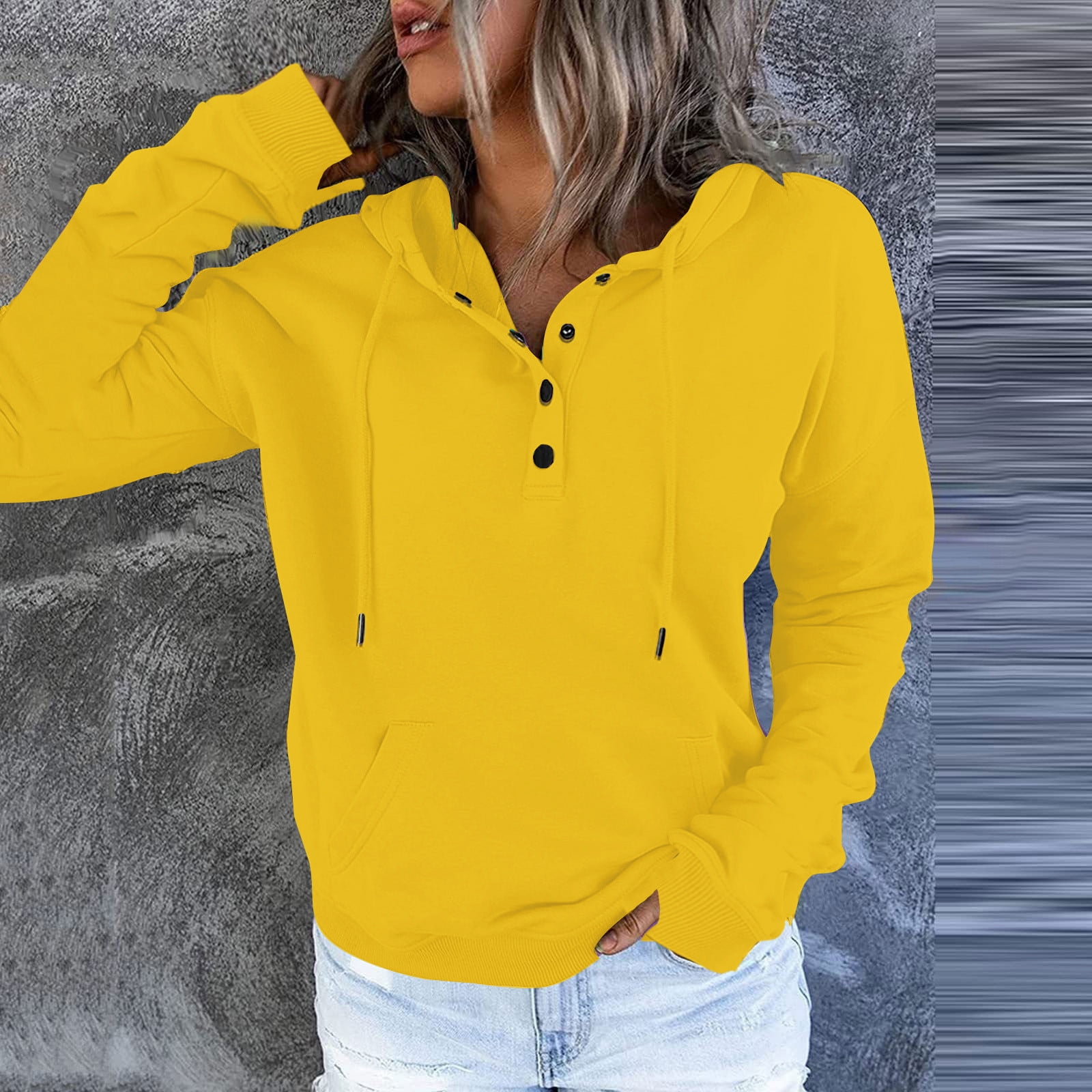 BYOIMUD Women's Comfortable Sweatshirt With Thumb Hole Savings Solid Color  Pullover with Kangaroo Pocket Loose Fashion 2023 Long Sleeve Drawstring  Hoodies with Buttons Plus Size Yellow S 