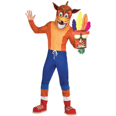 Party City Crash Bandicoot Costume for Adults, Includes Jumpsuit, Boot Covers, Mask, and Aku Aku