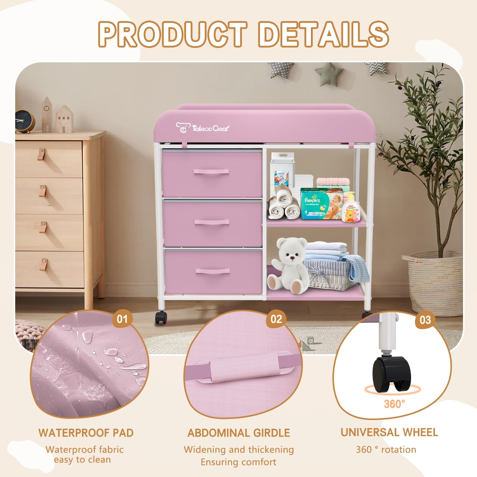 G TALECO GEAR Baby Changing Table, Portable Diaper Changing Station with Wheels, Nursery Organizer for Newborn and Infant, Pink