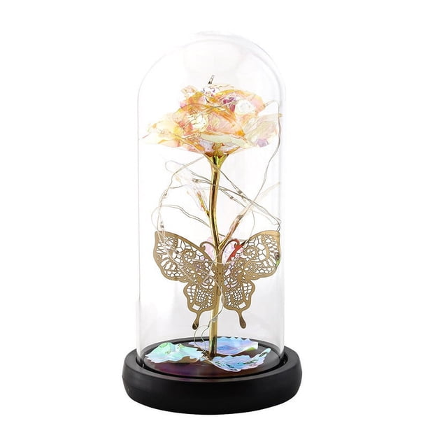 Fiudx Lámpara Led de Rosa, Cubierta de Vidrio Dorado, Base Hueca, Funciona con Pilas, Romántica, Regalo de San Valentín, Decoración Del Hogar, 20 X 11 X 9 Cm.