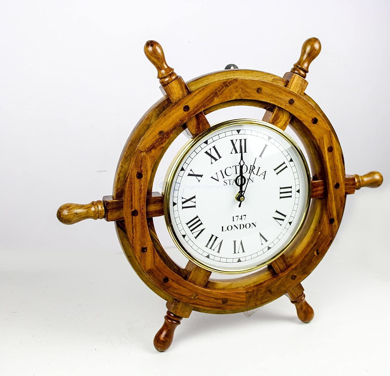 Wooden Clock Ship Wheel (White Roman Dial) 12 Inches
