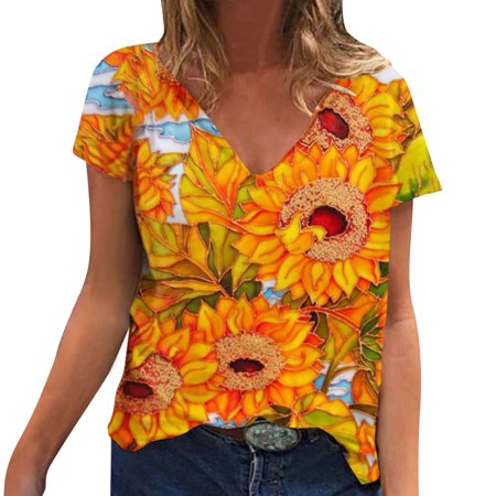 

Ladies V Neck Botanical Print Top Summer Fashion Short Sleeve Loose T Shirt Top All Cotton Pajamas Women