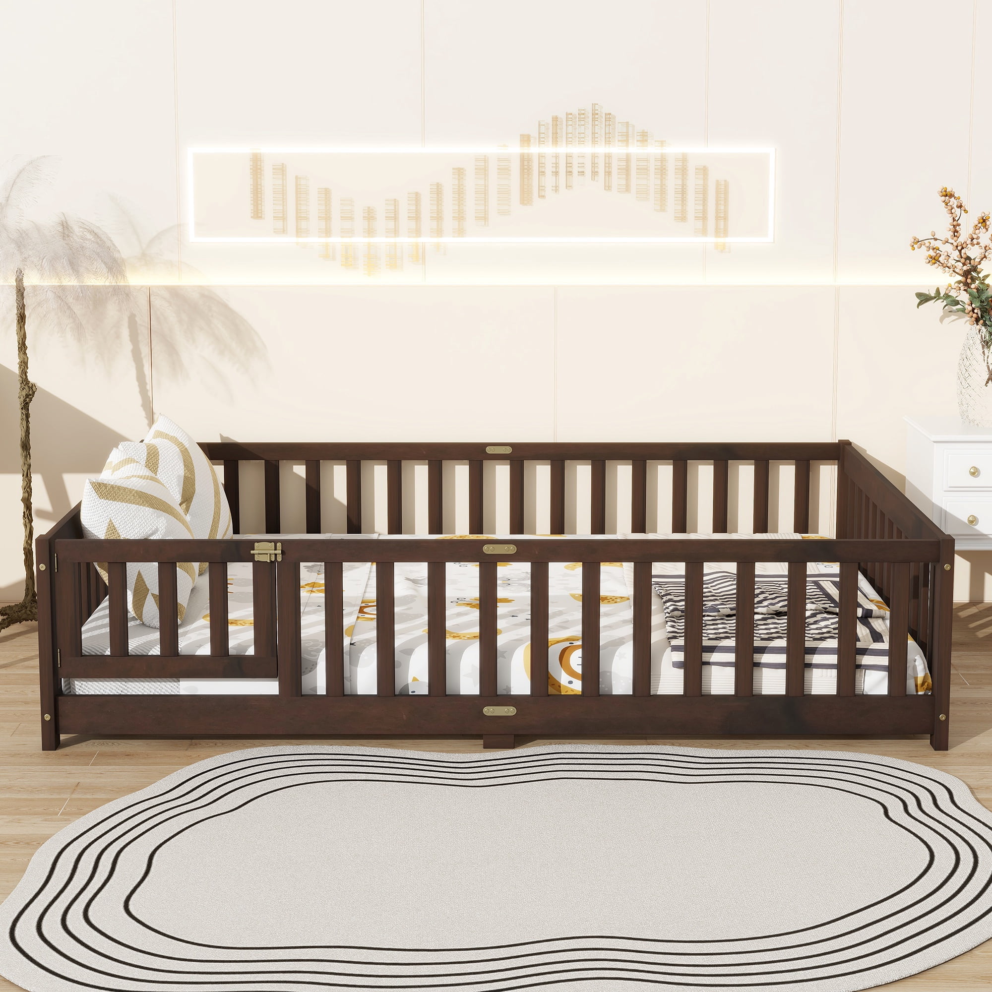 Full Size Kids Toddler Floor Bed with Door and Fence, UHOMEPRO Montessori Floor Bed with Slats and Safety Guardrails, Solid Wood Full Bed Frame for Bedroom, Espresso