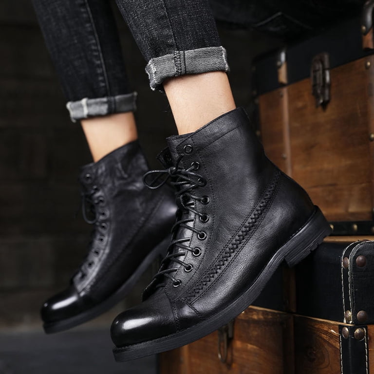 Juosiy Mens Patent Leather Combat Boots Fashion Side Zipper Lace Up Non  Slip Motorcycle Booties - Walmart.com