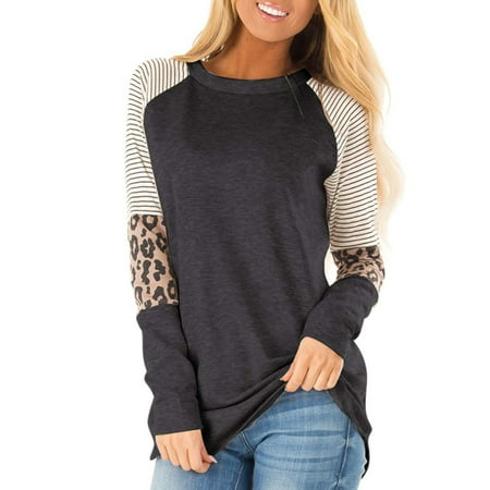 TEMOFON Women's Long Sleeve Leopard Color Block Tunic Tops Comfy Stripe Round Neck Pullover Black T Shirt Womens Fall Fashion Clothing 2023
