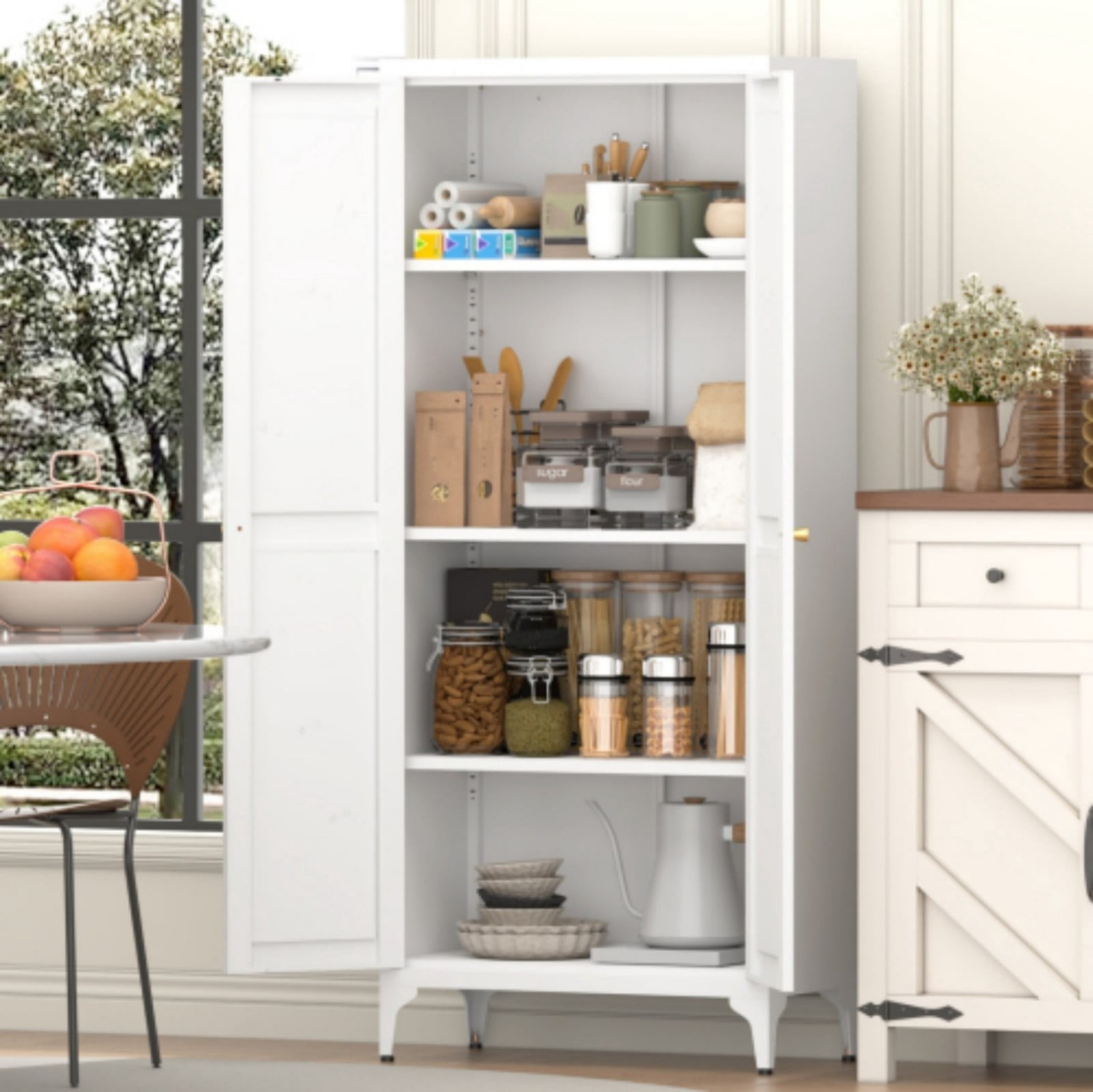 65" H Metal Storage Cabinet, 2-Door Steel Pantry Cabinet with Adjustable Shelves, Freestanding Kitchen Storage Cabinet for Living Room, Bedroom, Office, White
