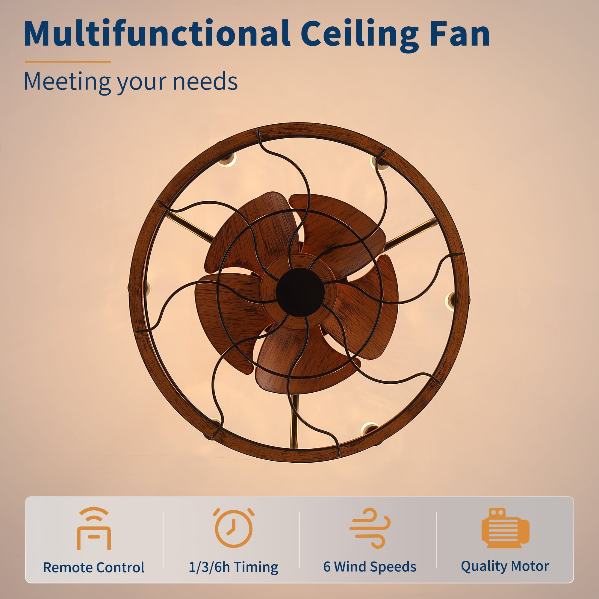 Leumius 20" Modern Farmhouse Ceiling Fan, Wood Grain Rustic Fandelier with E12 Sockets, Adjustable Hanging, Reversible DC Motor, 6 Speeds Remote Control Ceiling Fan for Dining Room Kitchen Bedroom