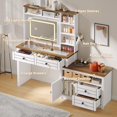 thumbnail image 3 of Vanity Desk with Glass Top & Charging Station, Touch Screen Mirror and Lights, Makeup Vanity with 5-Drawer, 6 Open Storage Shelves, Antique White, 3 of 7