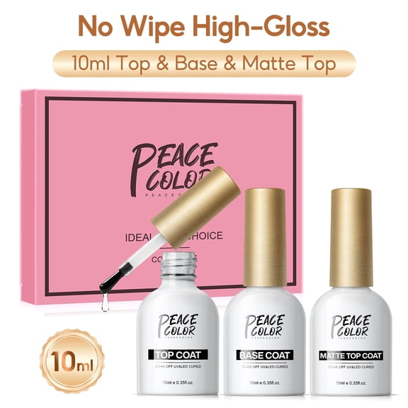 Peacecolor Base Coat Gloss Top Coat Matte Top Coat Gel Set, 3PCS Soak Off UV LED Gel Nail Polish Kit, Long Lasting High Gloss & Matte Finish Gel Foundation for Salon Home DIY Manicure
