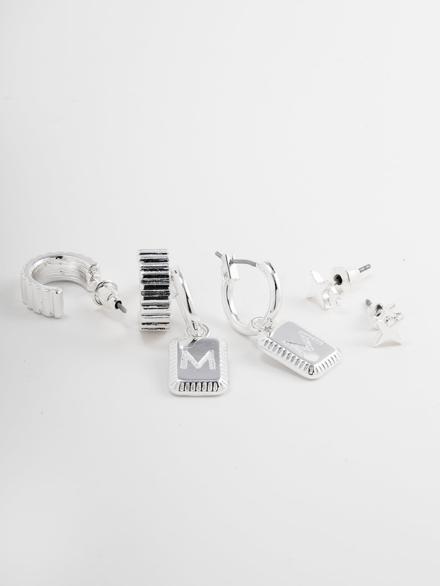 Time and Tru Women's Silvertone Multi Earring Set, 3 Pairs, Initial M