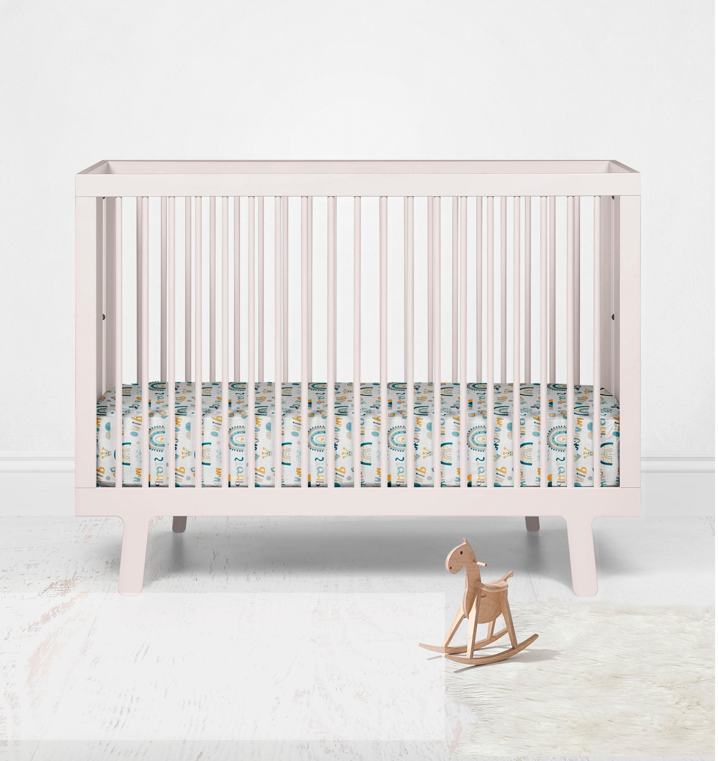 Bacati - Boys Little Dino Rainbow Teal Aqua Yellow Muslin Crib or Toddler Bed Fitted Sheet