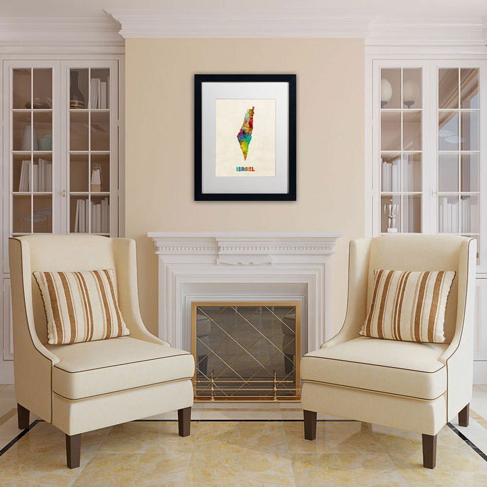 Trademark Fine Art "Israel Watercolor Map" Canvas Art by Michael Tompsett, White Matte, Black Frame