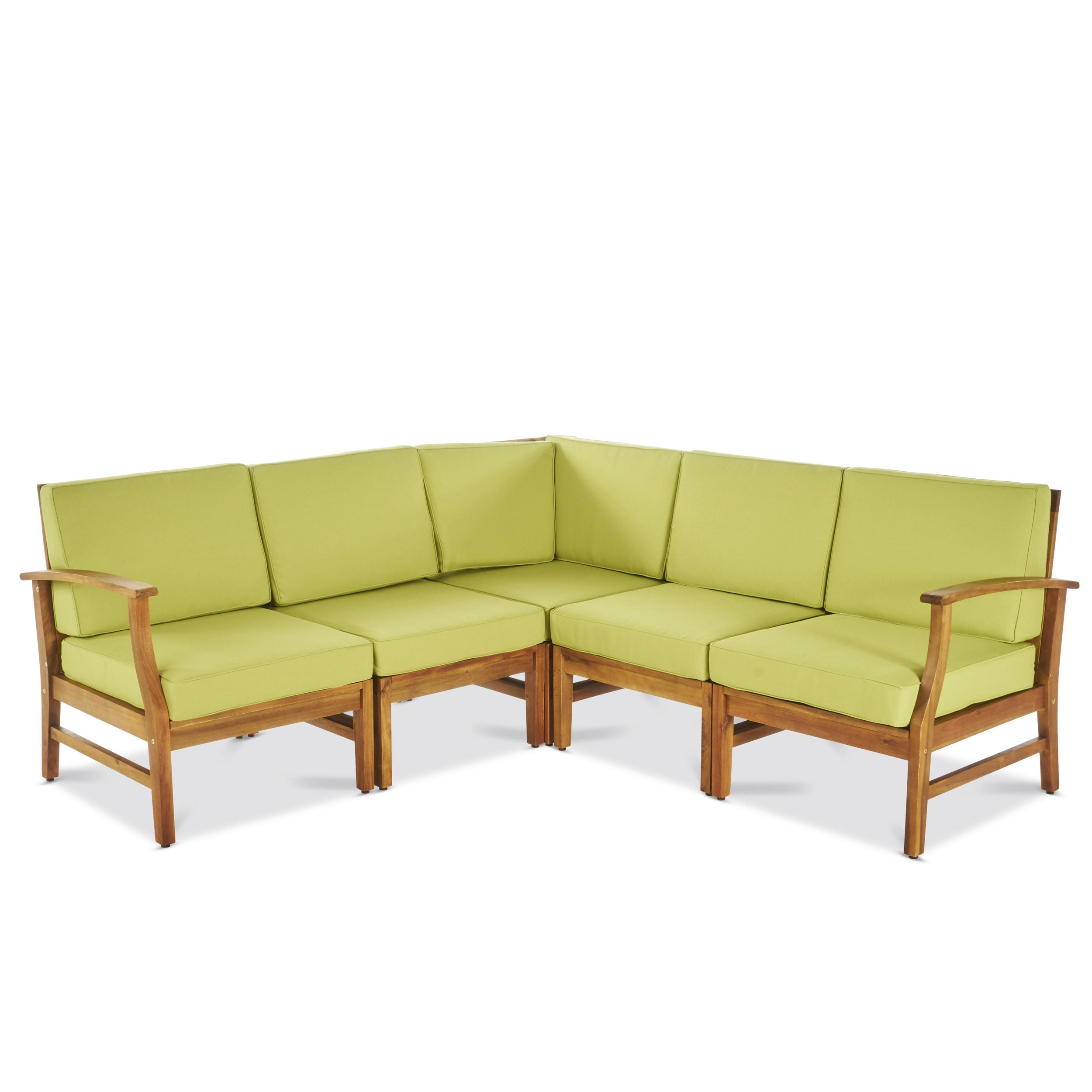 Bodhi Outdoor 5 Piece Sectional with Cushions, Teak, Green