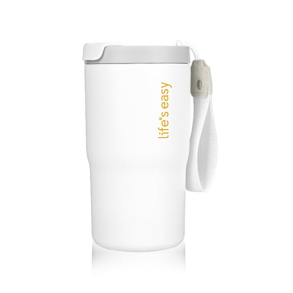 Life's Easy 16 oz Stainless Steel Travel Coffee Tumbler with Lid & Strap - Double Wall Vacuum Insulated Coffee Mug - Spill Proof Travel Cup - Reusable Leak Proof Tumbler for Hot & Cold Drinks