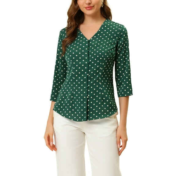 Allegra K Women's Polka Dots 3/4 Sleeve Casual Button Front Blouse Top