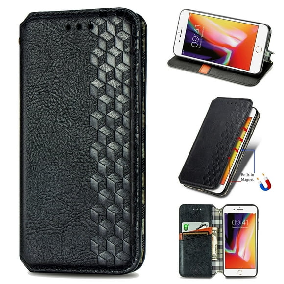 iPhone 7 Case,iPhone 8 Case, iPhone SE Case,PU Leather TPU Wallet Cover with Card Holder Kickstand Hidden Magnetic Adsorption Shockproof Flip Folio Phone Protective Case for iPhone 7/8/SE,Black