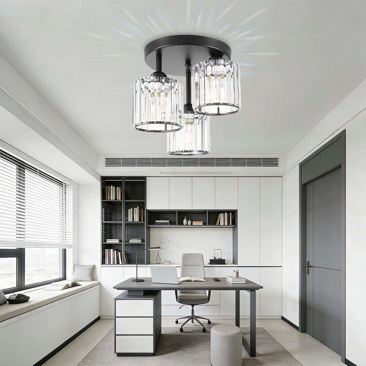 Crystal Semi Flush Mount Ceiling Light, 3-Light Close to Ceiling Light Fixtures, Modern Light Fixtures with Clear Crystal Shade, for Hallway Foyer Entryway Bedroom Kitchen, Black