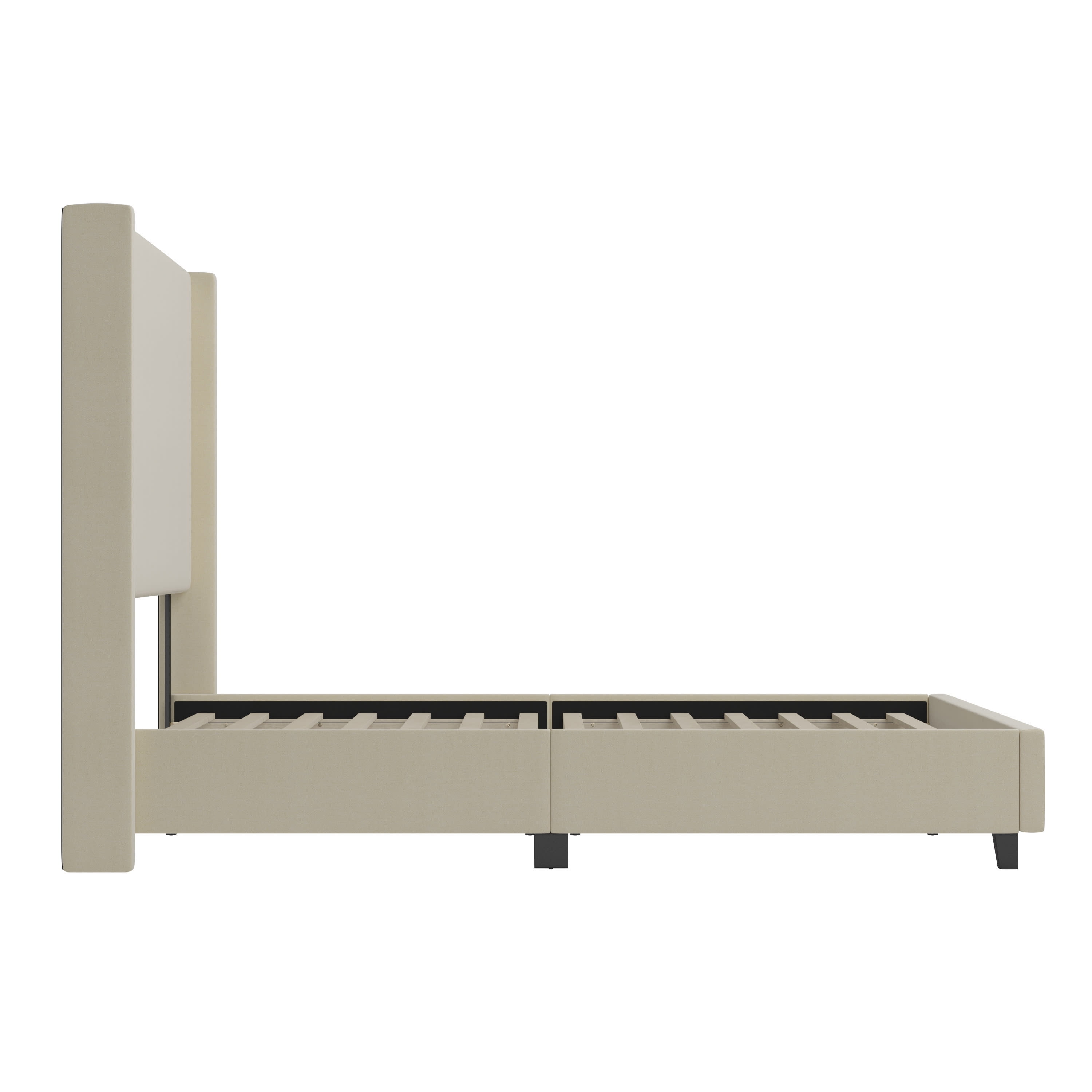 Merrick Lane Modern Platform Bed with Upholstered Wingback Headboard, King Size, Beige