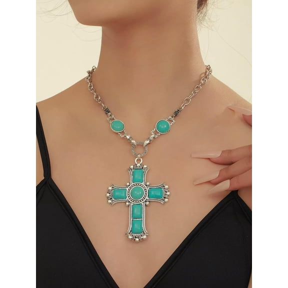 QQTDFG Turquoise Cross Charm Necklace Exaggerated Jewelry Statement Necklace-default