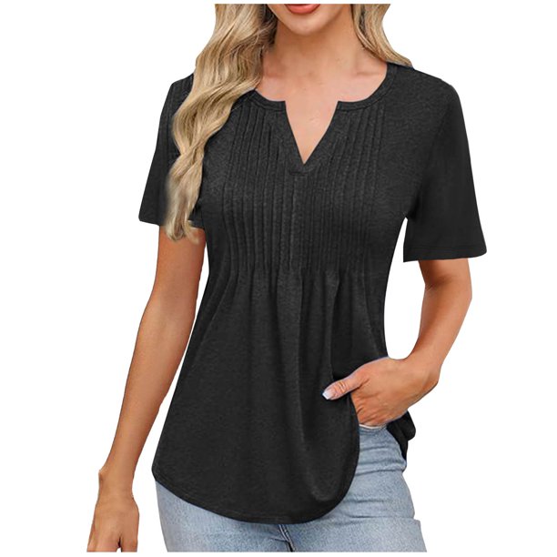 Camisas de Manga Corta para las Mujeres Casual Color Sólido Plisado V-Cuello Blusas, Moda Verano Top para Diario Y Fiesta