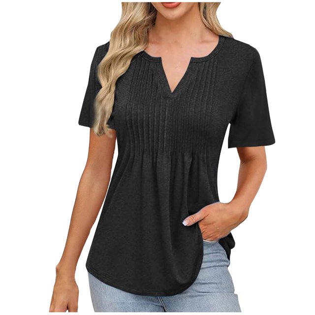Camisas de Manga Corta para las Mujeres Casual Color Sólido Plisado V-Cuello Blusas, Moda Verano Top para Diario Y Fiesta