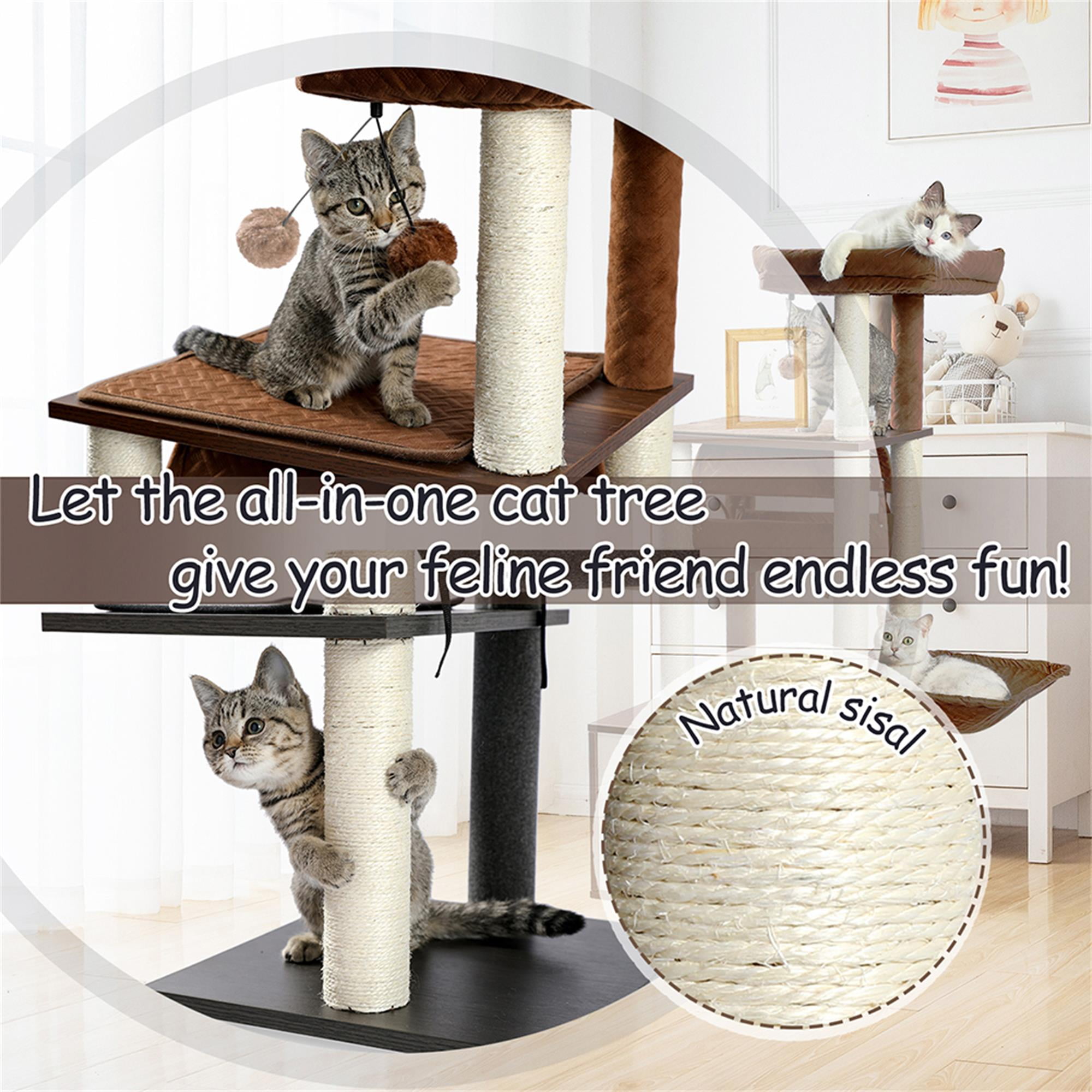 Kadyn 51.4" 6 Levels Cat Tree Wooden Cat Tower Cozy Cat Condo, Spacious Perch, Hammock and Swing Tunnel for Indoor Cats, Brown