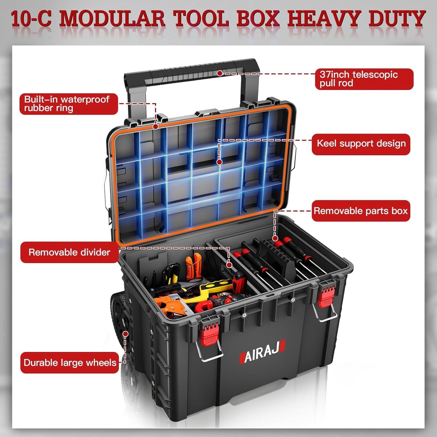 AIRAJ Rolling Modular Stackable Tool Box Organizer with Wheels,Waterproof Toolbox for Hand/Power Tools,Removable Divider/Parts Box,All-Terrain Durable Wheels,Telescopic Pull Rod Handle
