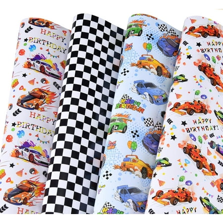 Race Car Wrapping Paper - 6 Large Sheets Race Car Checkred Flag Birthday Wrapping Paper for Boys Girls, 39.4 x 27.6 Inches Per Sheet (Race Car Birthday)