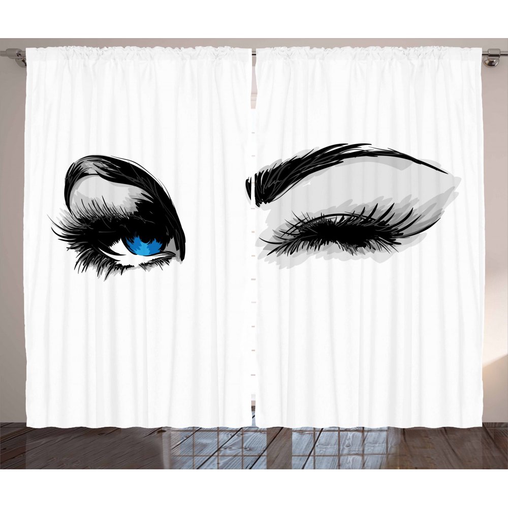 Eye Curtains 2 Panels Set, Flirty Attractive Woman with Blue Eyes and