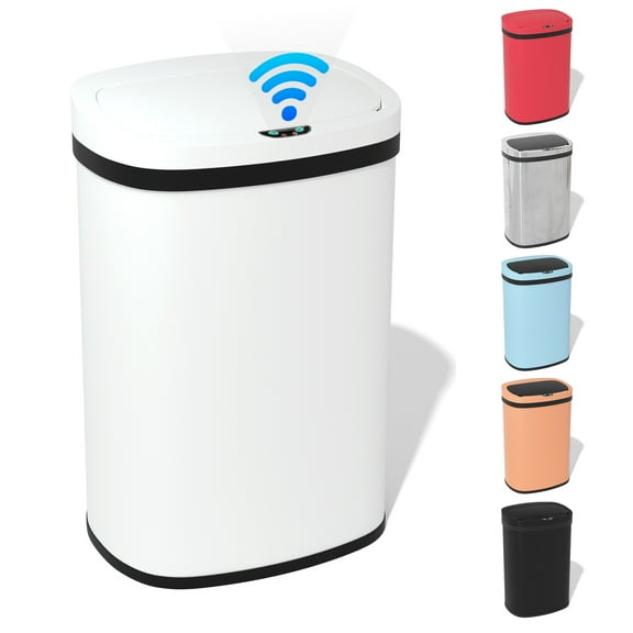 Touch Free Stainless Steel Trash Can 13 Gallon for Kitchen, Automatic Garbage Can with Lid Trash Bin for Bathroom Kitchen Wastebaskets for Bedroom Auto Open Trash Cans Motion Sensor, White