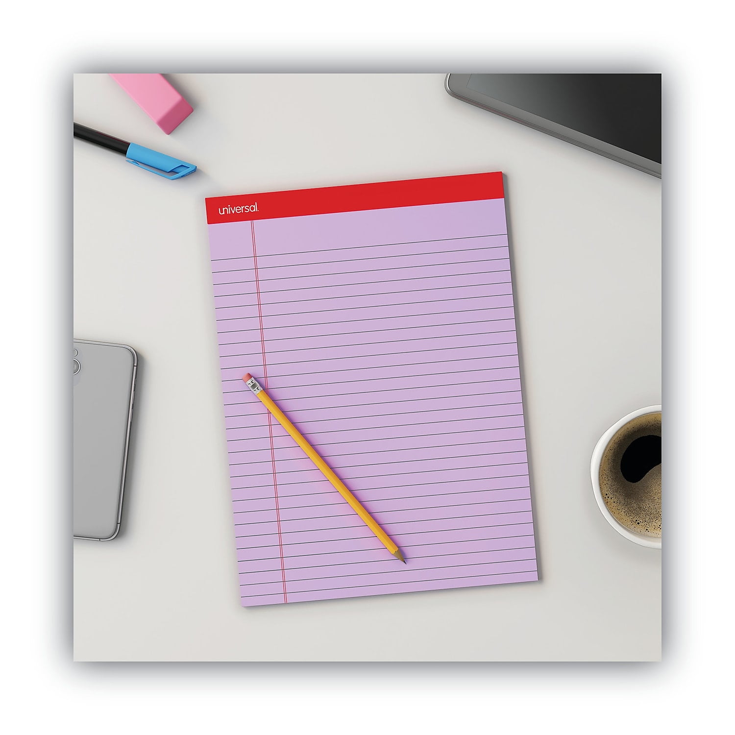 Universal Perforated Writing Pads, Wide/Legal Rule, 8.5 x 11.75, Assorted Sheet Colors, 50 Sheets, 6/Pack -UNV35878