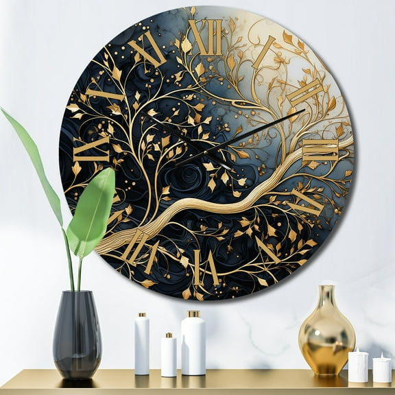 Designart "Luminous Tangle Golden Branch I" Tree Monochrome Oversized Wall Clock
